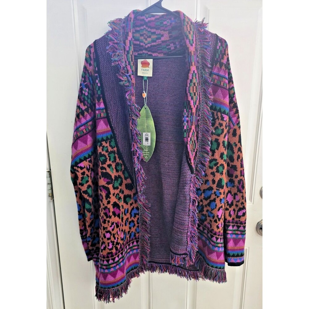 NWT FARM Rio Fringe Cardigan Sweater Leopard Geometric Boho Duster Small
